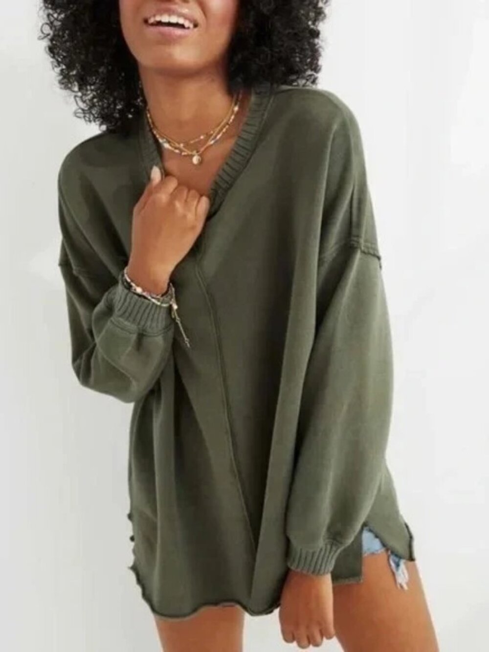 Aerie Sweatshirt Oversize Slouchy Center Seam Raw Cut WORN ONCE Green Distressed